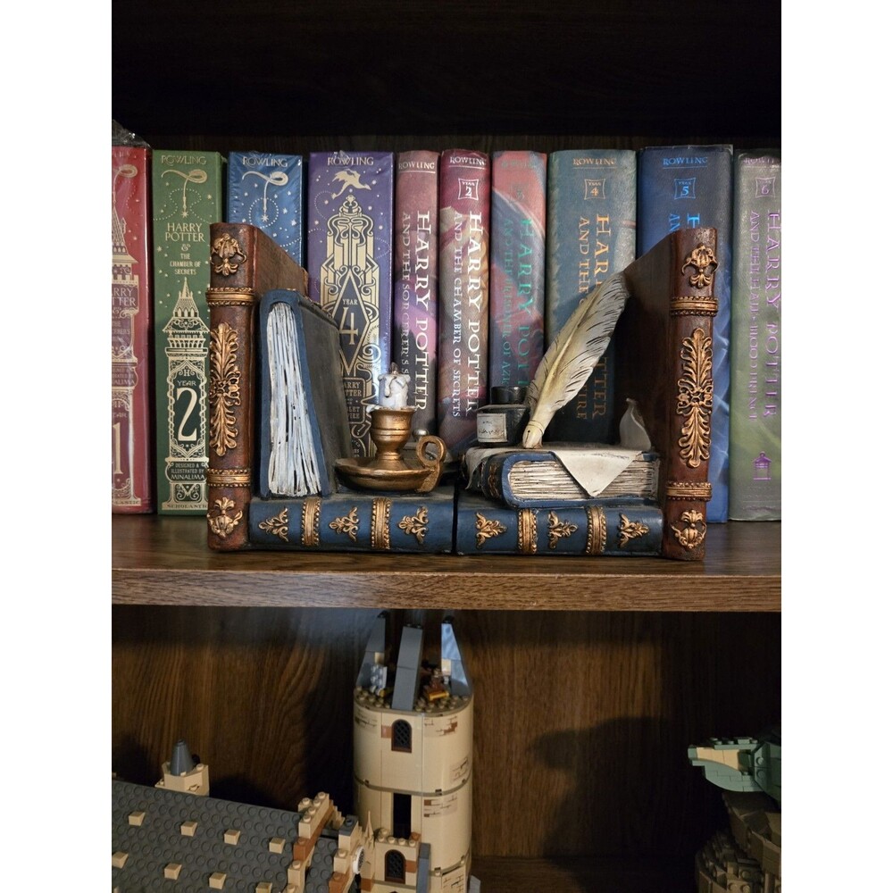 Wizard Bookends Magic Spell Book Quill & Ink Well Chamber Decor Dark Academia